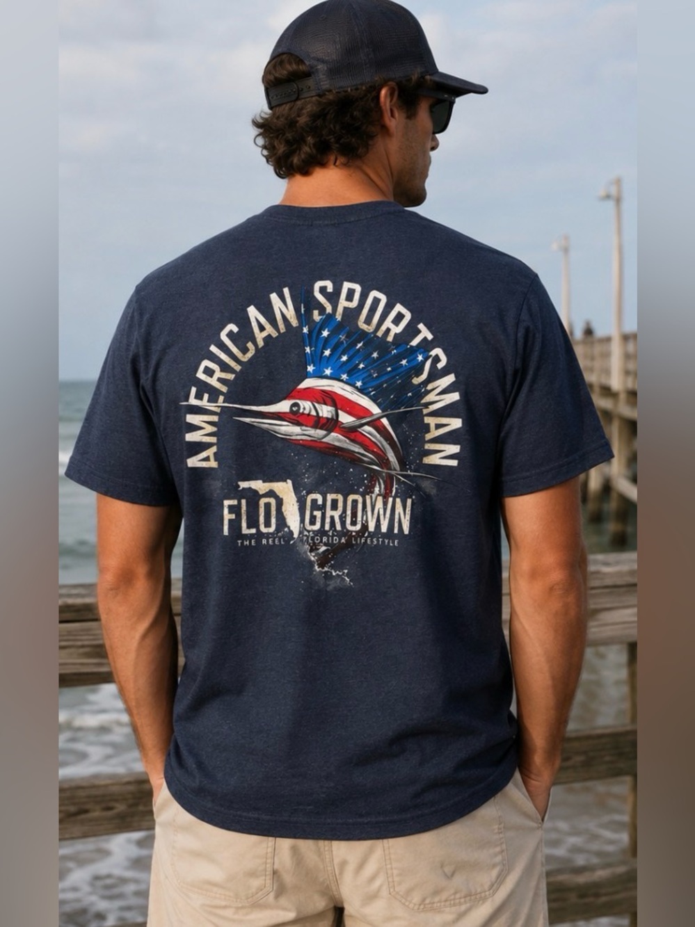 FloGrown T-Shirt American Sportsman Marlin Fishing Graphic Tee Men’s Large Navy
